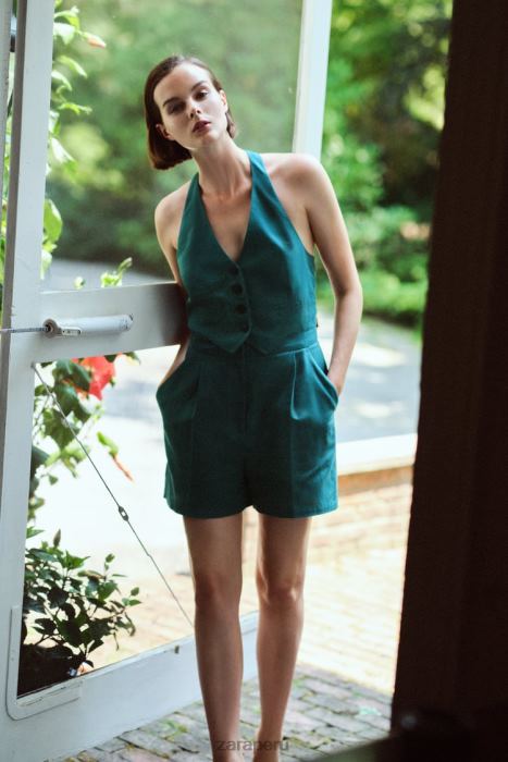 Zara mujer mono sin mangas en mezcla de lino BDP8J212 ropa pato verde