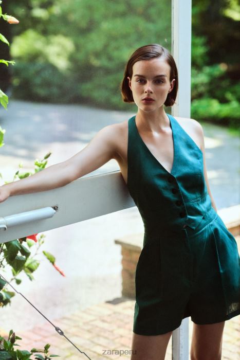 Zara mujer mono sin mangas en mezcla de lino BDP8J212 ropa pato verde