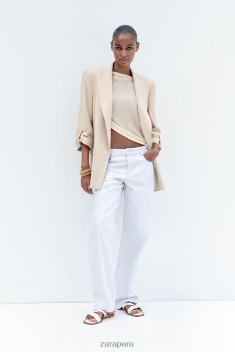 Zara mujer blazer con frente abierto y mangas remangadas en mezcla de lino BDP8J168 ropa beige