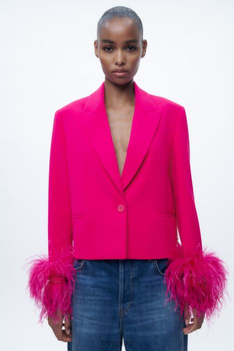 Zara mujer blazer corto de plumas BDP8J166 ropa fucsia neón