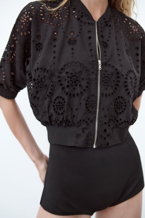 Zara mujer bomber con ojales bordados BDP8J72 ropa negro