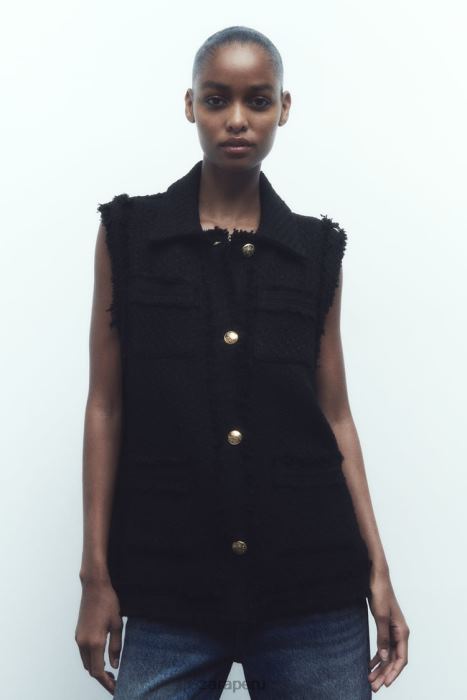 Zara mujer chaleco texturizado con ribete deshilachado BDP8J147 ropa negro