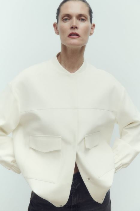 Zara mujer chaqueta bomber larga con bolsillos de parche BDP8J89 ropa ostra blanca