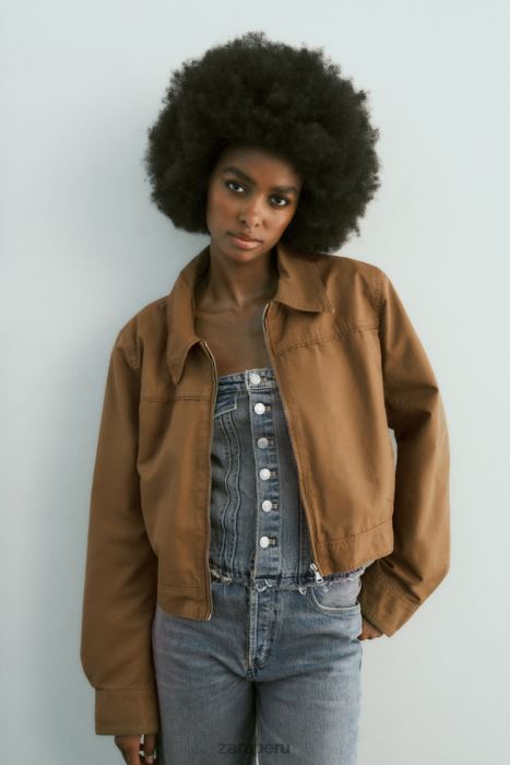 Zara mujer chaqueta corta de algodón encerado BDP8J88 ropa marrón