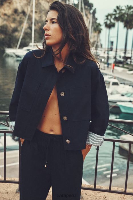 Zara mujer chaqueta corta en mezcla de lino BDP8J58 ropa Azul marino