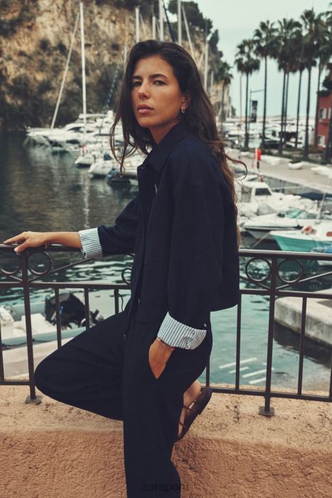 Zara mujer chaqueta corta en mezcla de lino BDP8J58 ropa Azul marino