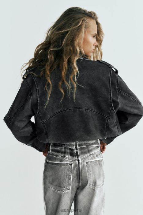 Zara mujer chaqueta motera de piel sintética desgastada BDP8J18 ropa gris