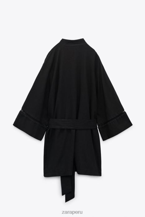 Zara mujer kimono con aplicación de encaje en mezcla de lino BDP8J128 ropa negro