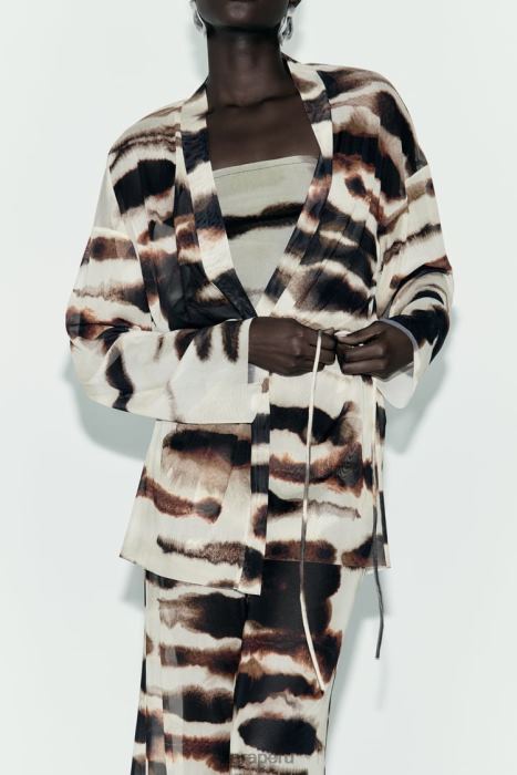 Zara mujer kimono de tul con estampado tie-dye BDP8J96 ropa crudo/marrón