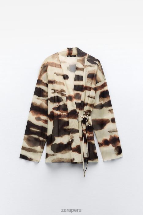 Zara mujer kimono de tul con estampado tie-dye BDP8J96 ropa crudo/marrón