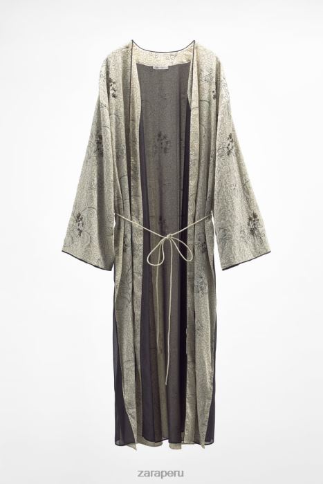 Zara mujer kimono estampado y bordado BDP8J132 ropa ostra blanca