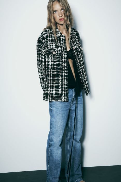 Zara mujer sobrecamisa texturizada a cuadros BDP8J8 ropa negro/crudo