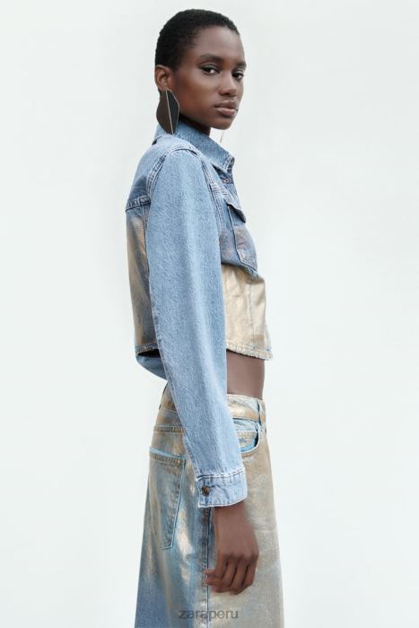 Zara mujer z1975 chaqueta corta de mezclilla metalizada BDP8J71 ropa azul medio