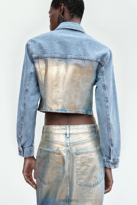 Zara mujer z1975 chaqueta corta de mezclilla metalizada BDP8J71 ropa azul medio