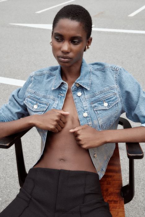 Zara mujer z1975 chaqueta corta de mezclilla metalizada BDP8J71 ropa azul medio